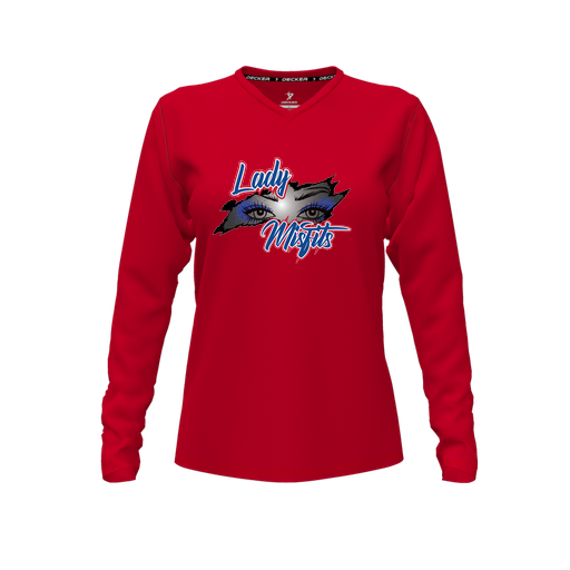 [CUS-DFW-TEES-PER-VNK-LSL-RED-FYXS-LOGO1] Performance T-Shirt (Female Youth XS, Red, V Neck, Logo 1, Long Sleeve)