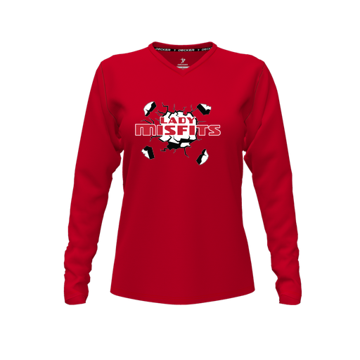 [CUS-DFW-TEES-PER-VNK-LSL-RED-FYXS-LOGO3] Performance T-Shirt (Female Youth XS, Red, V Neck, Logo 3, Long Sleeve)